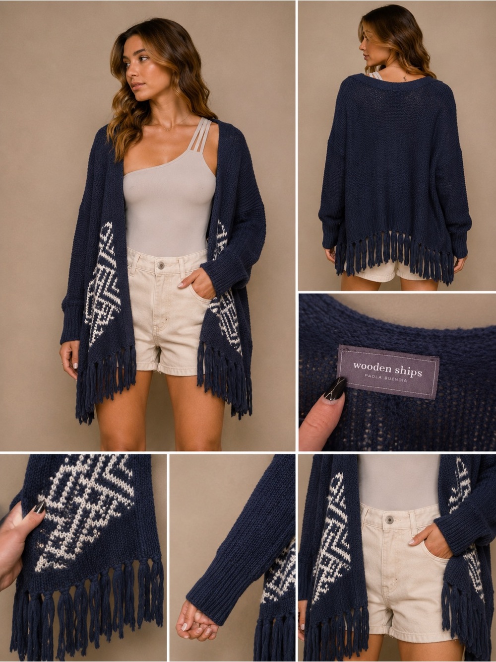 Wooden Ships Fine Knit Geometric Design Fringe Dolman Sweater Navy White OS